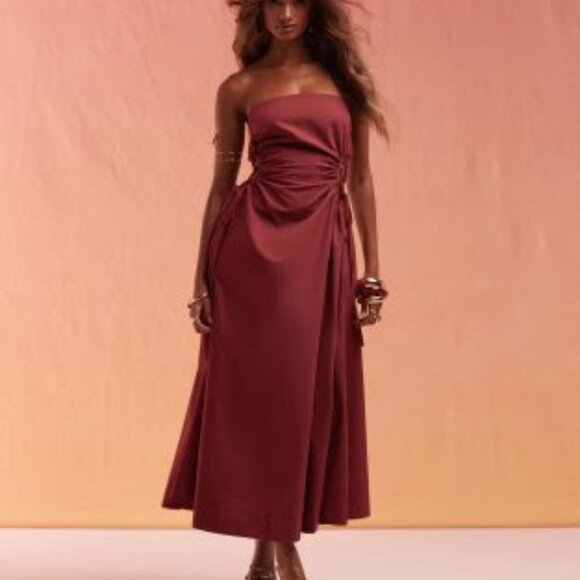 ASOS DESIGN bandeau midi dress with lattice detail waist in burgundy - Picture 1 of 1